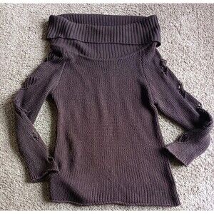Y2K Jamie Nicole Cowl Neck Sweater Sz 3X Brown Off Shoulder Distressed Sleeves
